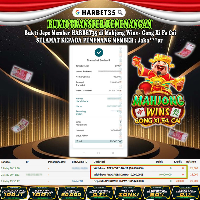 HARBET35 JEPE! Di Mahjong Wins - Gong Xi Fa Cai Rp 10.000.000,- LUNAS!