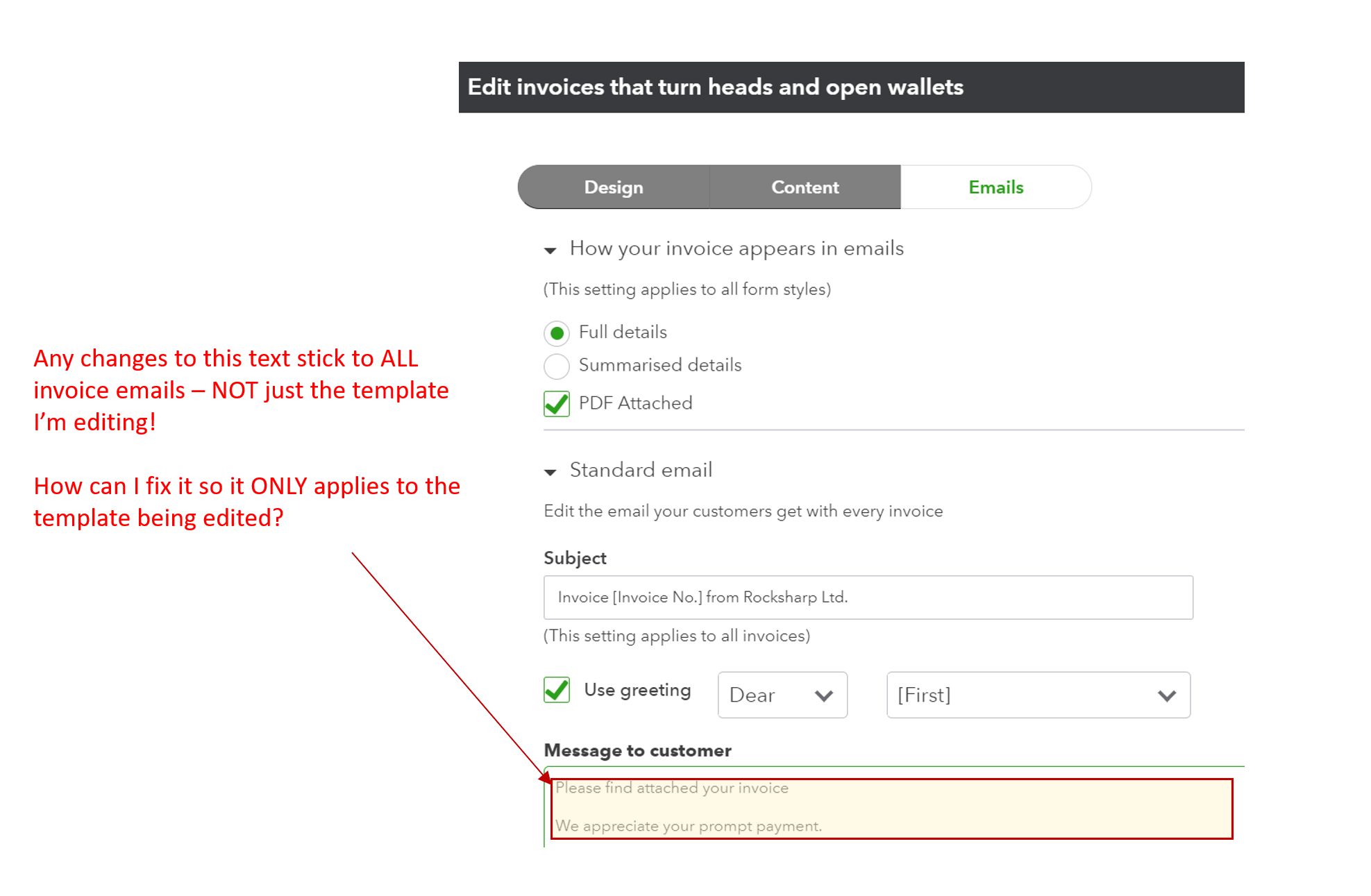 quickbooks online invoice template email message problem