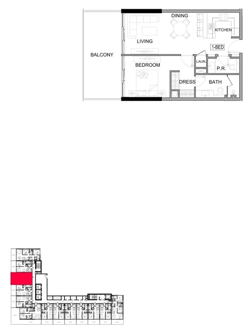 1-bedroom apartment layout floorplan for Lagoon Views 12 - Tower C showing the full unit configuration including balcony and living spaces – Distress Deal unit plan
