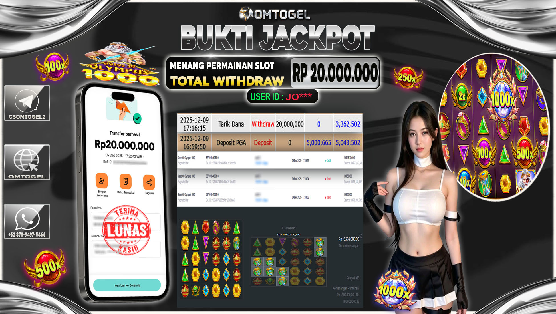 OMTOGEL JACKPOT PRAGMATIC PLAY GATES OF OLYMPUS 1000 ,20 JUTA DI BAYAR LUNAS ,-