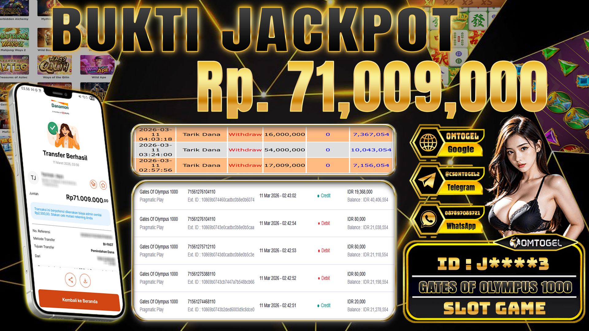 OMTOGEL JACKPOT PRAGMATIC PLAY GATES OF OLYMPUS 1000, 71 JUTA DI BAYAR LUNAS ,-