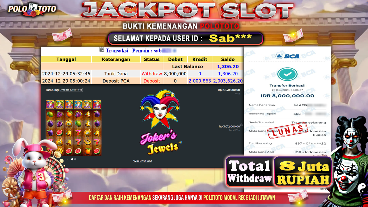 POLOTOTO JACKPOT SLOT JOKER JEWELS Rp.8,000.000,-