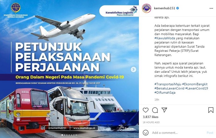 Aturan perjalanan orang dalam negeri dari Kementerian Perhubungan.