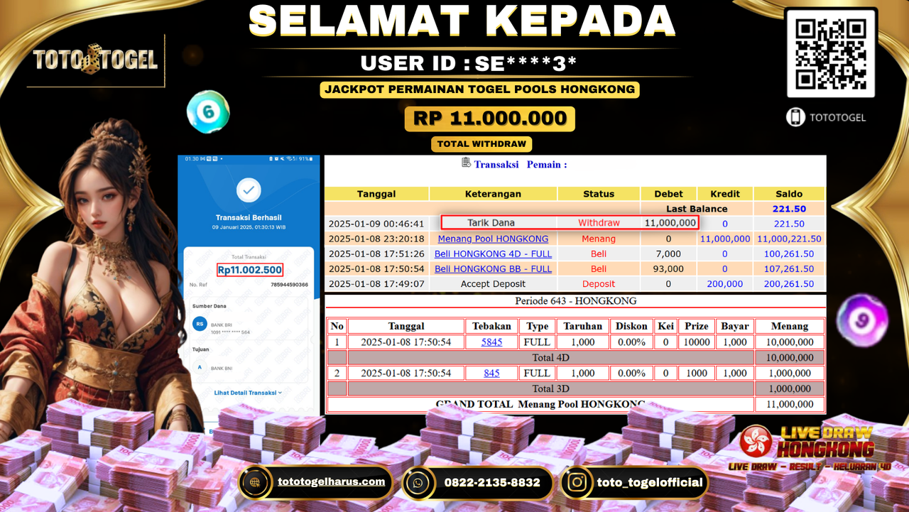 Bukti Pembayaran Jackpot  Permainan Togel Pools Hongkong : SE****3* LUNAS