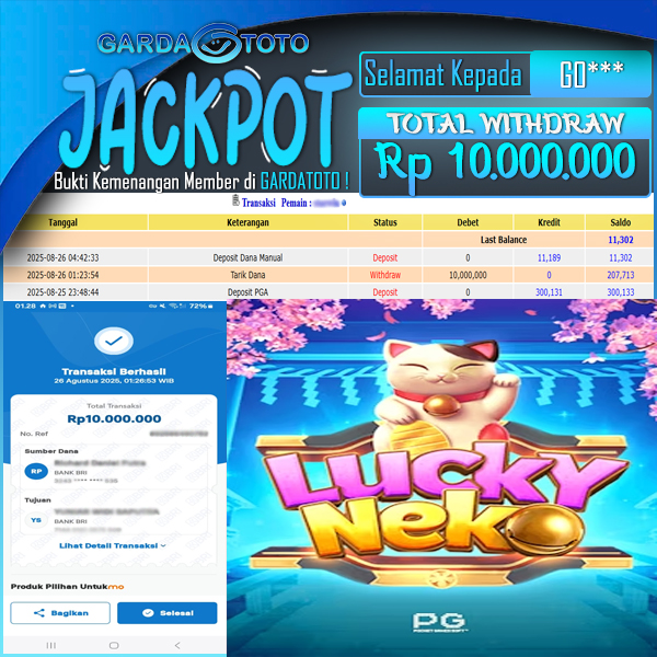 JACKPOT DI PERMAINAN  SLOT PG SOFT LUCKY NEKO WD Rp 10.000.000,- DIBAYAR LUNAS GARDATOTO MANTAP !