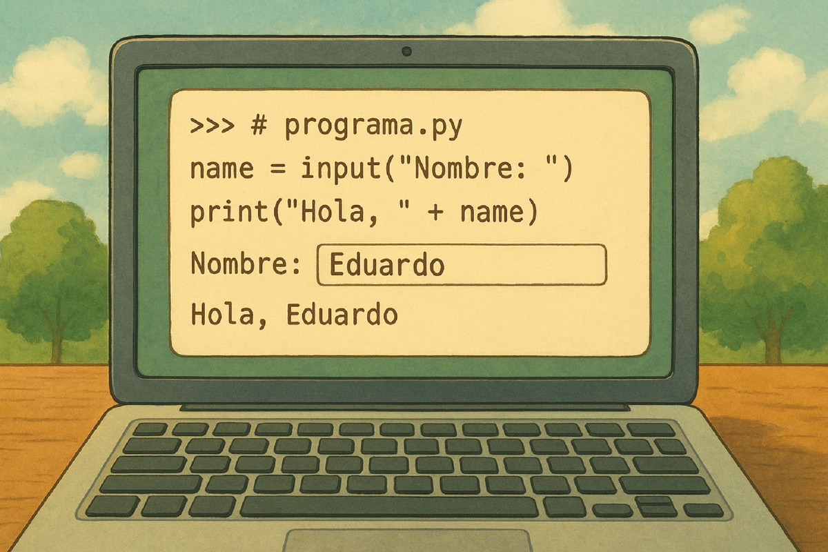 Ejemplo introductorio en Python donde el programa solicita el nombre del usuario y muestra el mensaje: Hola, Eduardo