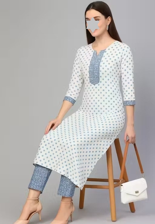 Printed Kurti Set White Blue Color 1 (KS128)