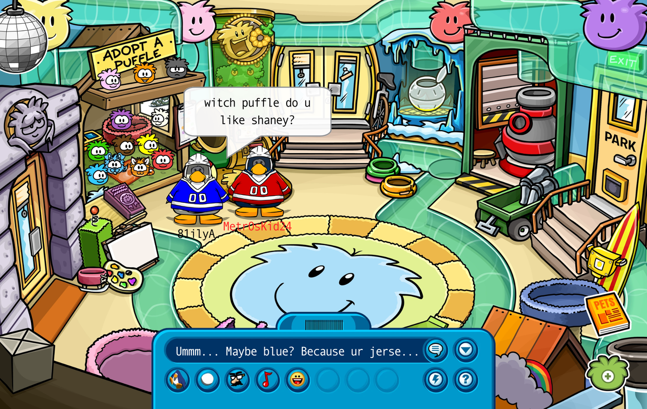 Ilya and Shane in the Puffle Shop choosing a Puffle