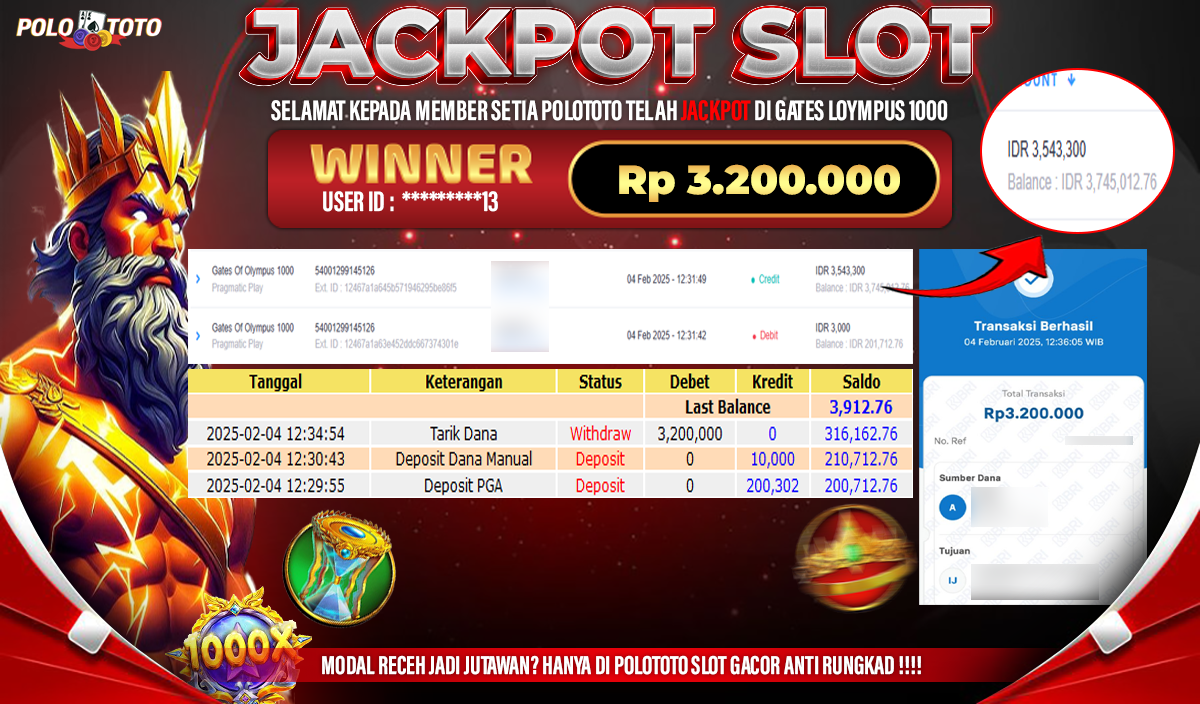 POLOTOTO JACKPOT SLOT GATES OF OLYMPUS 1000 Rp.3,200.000,-