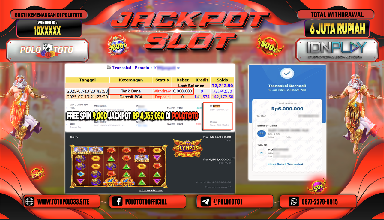 POLOTOTO JACKPOT SLOT GATES OF OLYMPUS SUPER SCATTER Rp.6.000.000,-