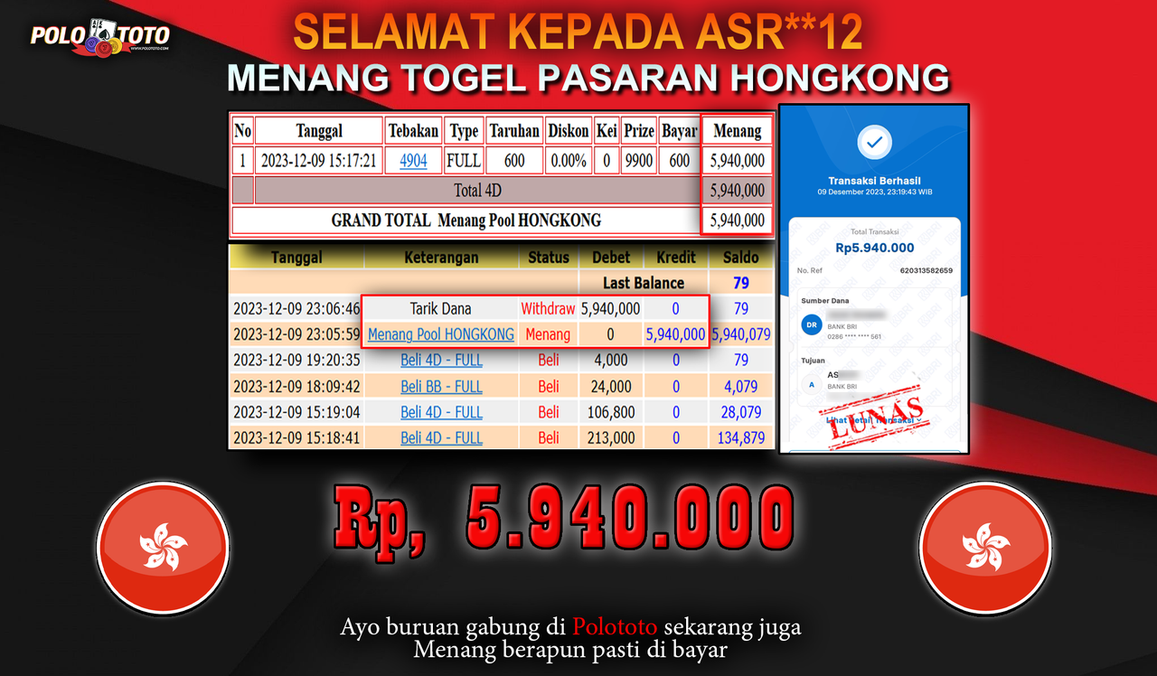 BUKTI PEMBAYARAN JACKPOT DIPOLOTOTO DIBAYAR LUNAS!!!