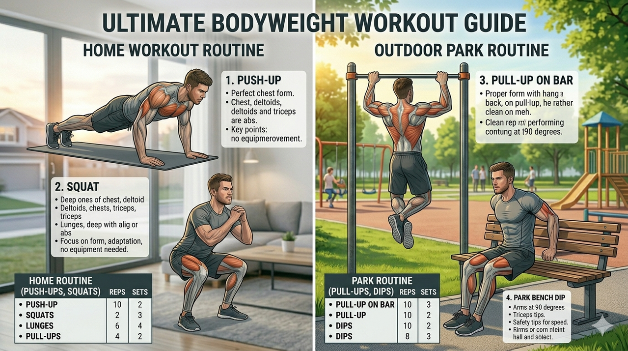 Outdoor park workout using bench for step-ups and dips, and pull-up bar for no gym workout plan