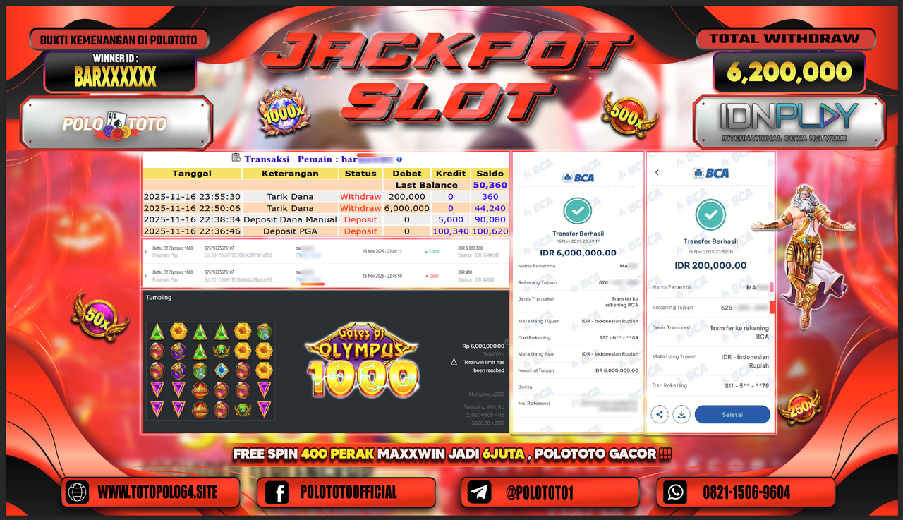 POLOTOTO JACKPOT SLOT GATES OF OLYMPUS 1000 Rp.6.200.000,- LUNAS