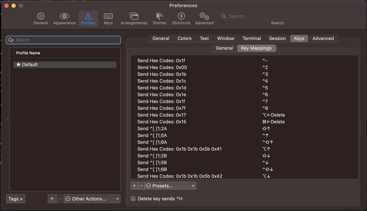 iTerm2 Settings for Key Mappings