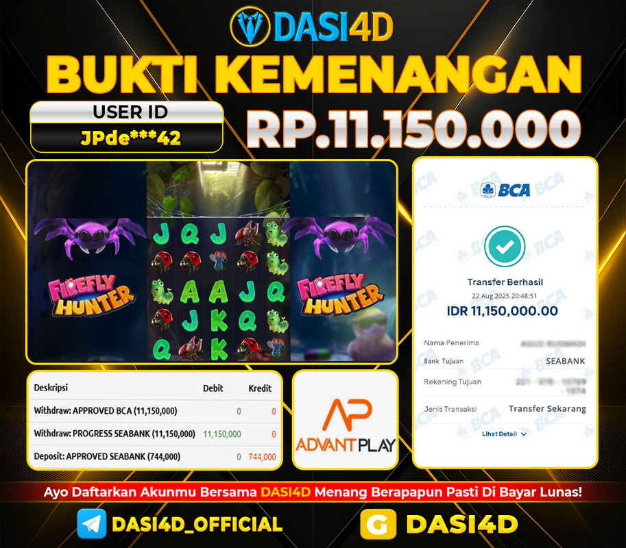 BUKTI KEMENANGAN 22 AGUSTUS 2025 DI FIREFLY HUNTER WD RP. 11.150.000