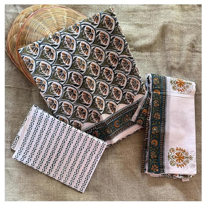 Hand Block Printed Intricate Floral Design on Cotton Dress material with Dupatta