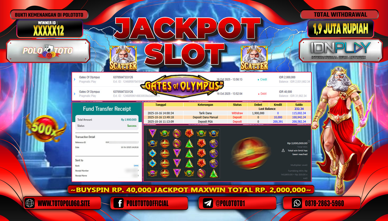 POLOTOTO JACKPOT SLOT GATES OF OLYMPUS Rp.1.900.000,- LUNAS