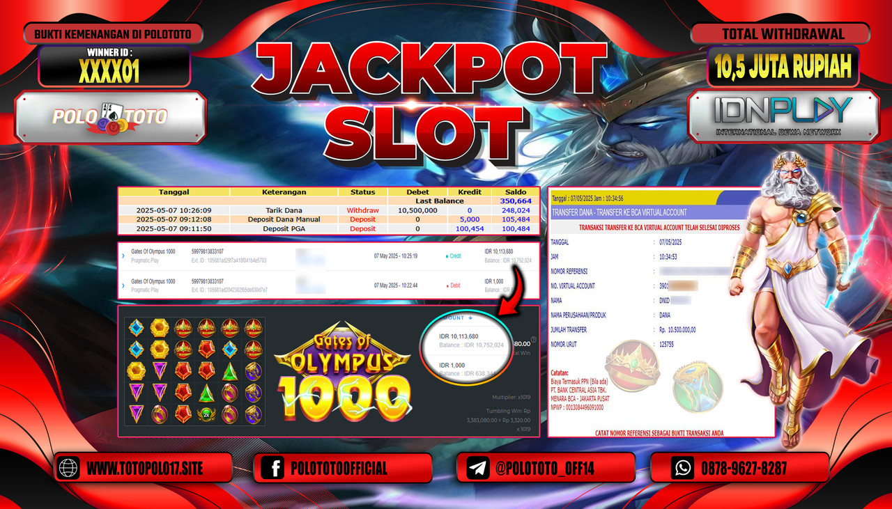 POLOTOTO JACKPOT SLOT GATES OF OLYMPUS 1000 Rp.10.500.000,-