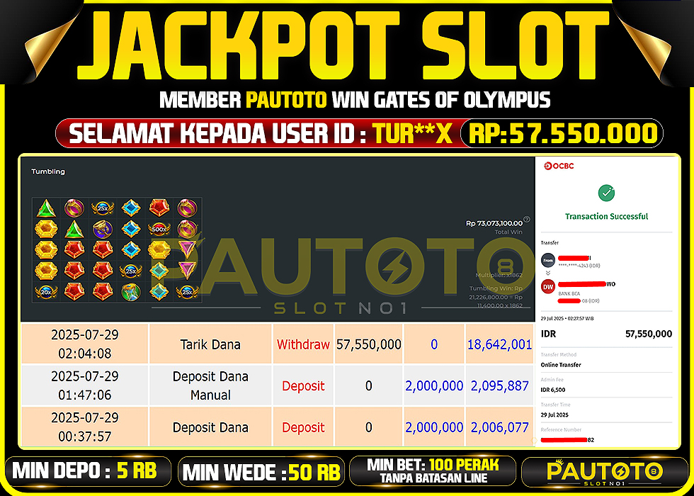 BUKTI PEMBAYARAN TGL 28 JULY 2025 MENANG DI PERMAINAN GATES OF OLYMPUS 1000 TOTAL WD 5 JUTA