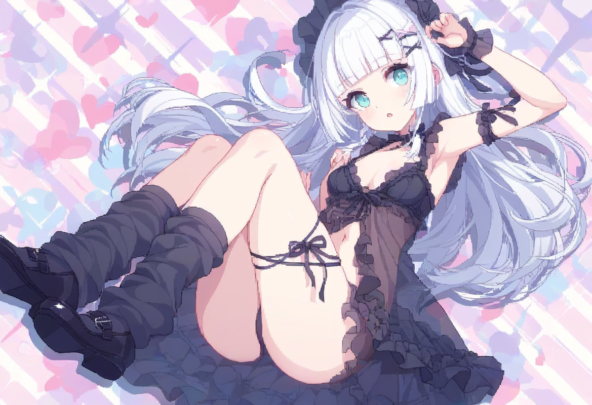 1girl, striped background, aqua eyes, long hair, hime cut, white hair, short ban s-3273045521