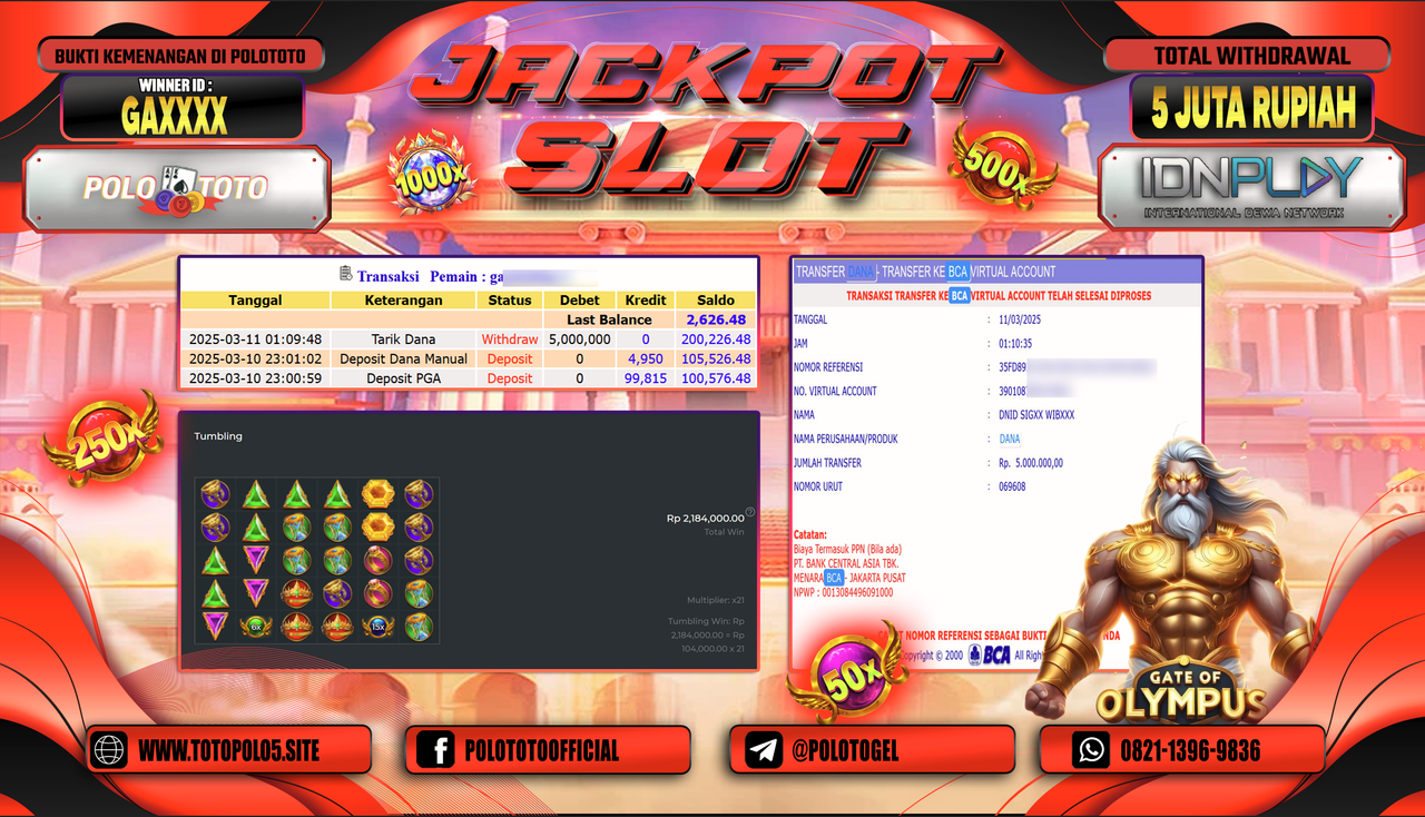 POLOTOTO JACKPOT SLOT GATES OF OLYMPUS 1000 Rp.5.000.000,-