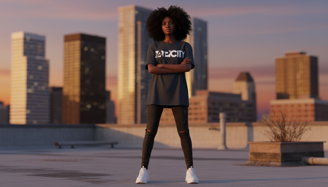 Firefly Gemini Flash A black female model wearing this logo on a tshirt 409388