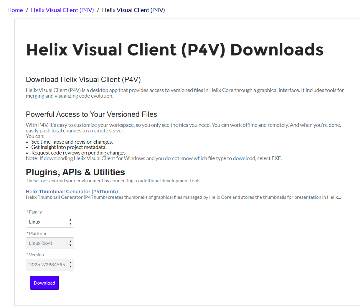 Página de download do Helix Visual Client (P4V) com seleção de sistema operacional e versão