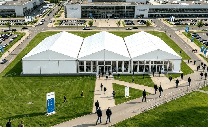Hannover Messe tent anchoring system detail showing ground protection