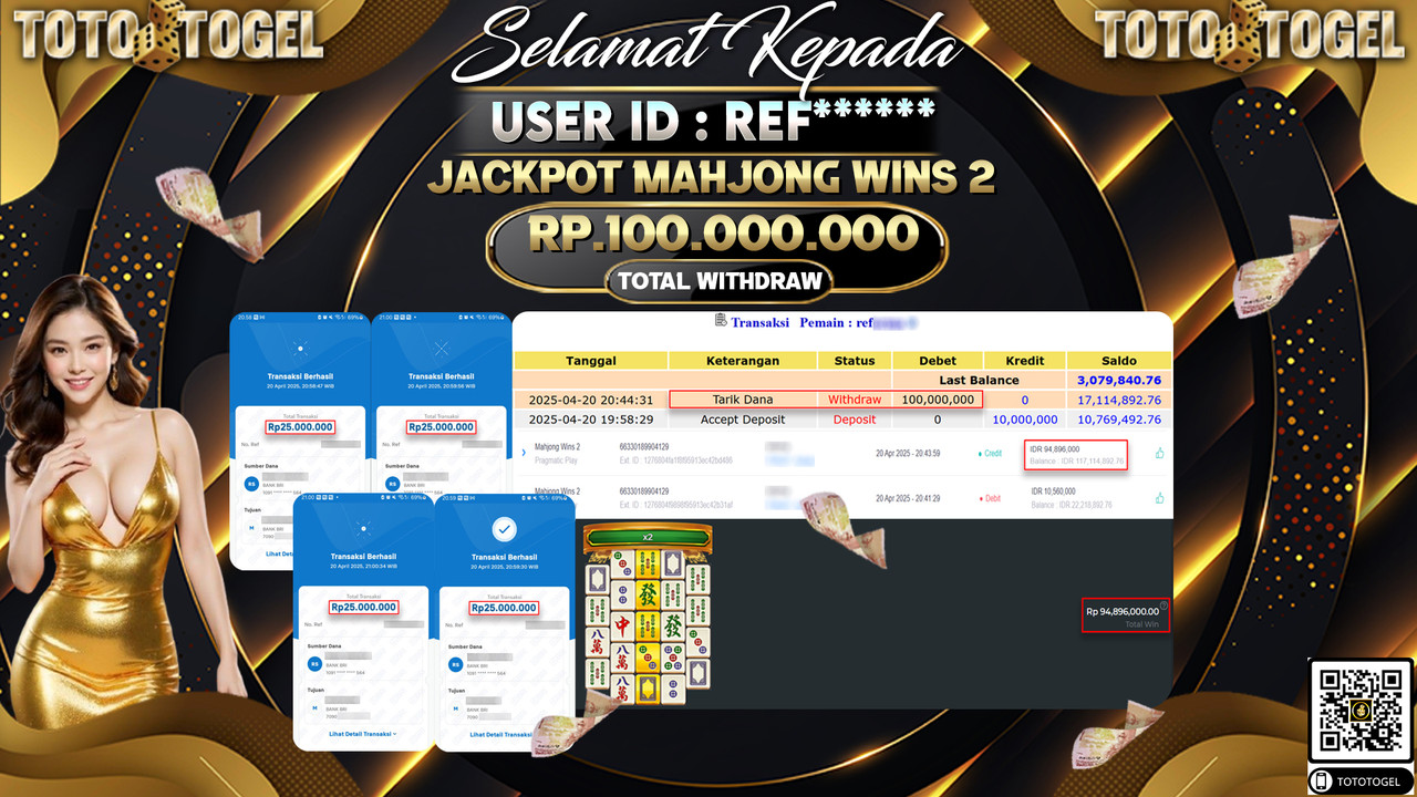 Bukti Pembayaran Jackpot  Permainan Slot Mahjong Wins 2 ID:REF****** LUNAS