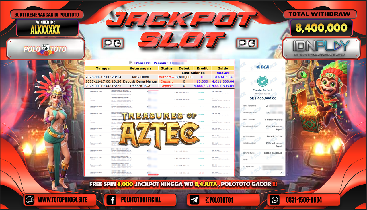 POLOTOTO JACKPOT SLOT TREASURES OF AZTEC Rp.8.400.000,- LUNAS