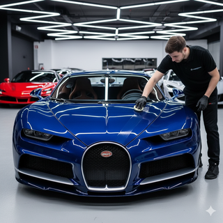 High-gloss ceramic coating on blue sports car under studio lights in Chicago