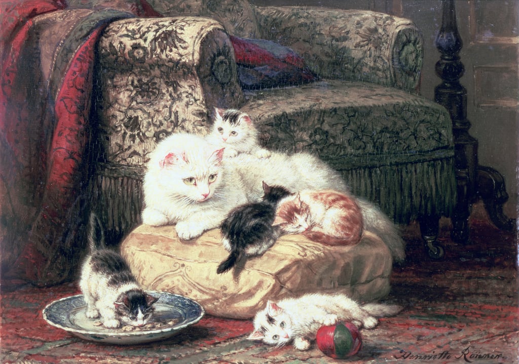 3-Henritte-Ronner-Knip-Cat-with-her-Kittens-on-a-Cushion-Meister-Drucke-69685
