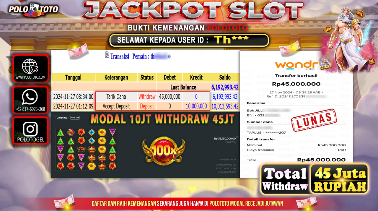 POLOTOTO JACKPOT SLOT GATES OF OLYMPUS Rp.45,000.000,-