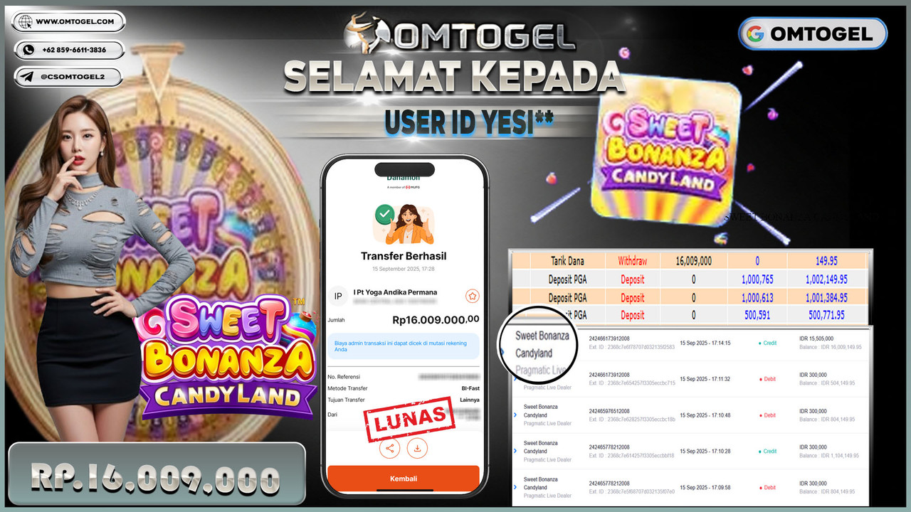 OMTOGEL JACKPOT PRAGMATIC CASINO SWEET BONANZA CANDYLAND 16 JUTA DI BAYAR LUNAS ,-