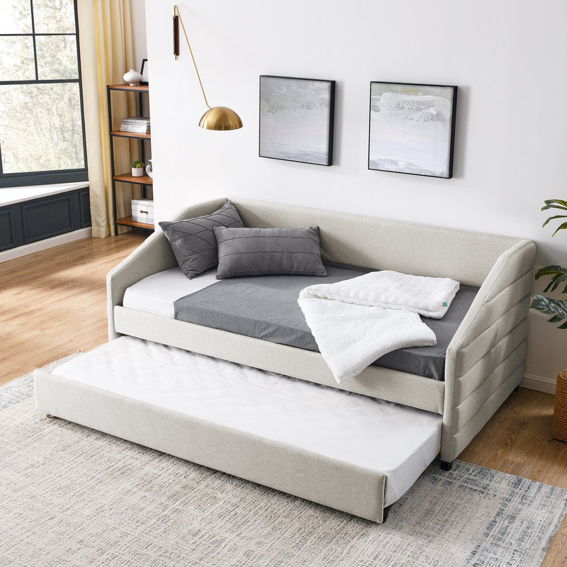 Beige Linen Upholstered Twin Daybed with Trundle, Tufted Sofa Bed