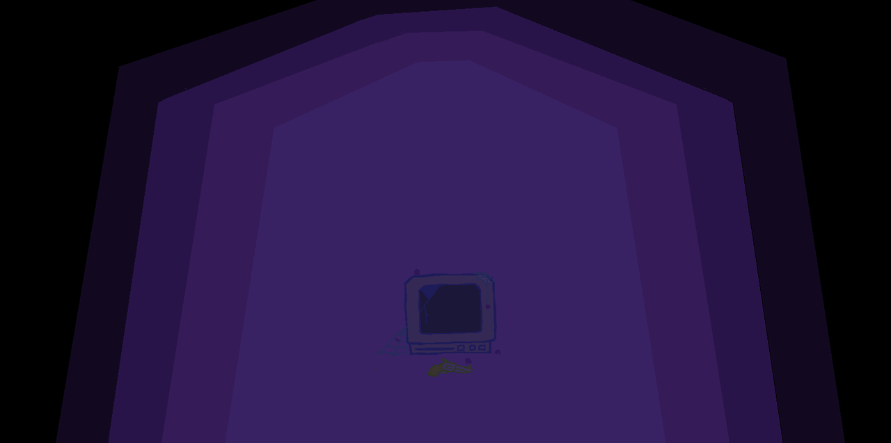 A broken down television set with spiders dotted around, and an old revolver in front.