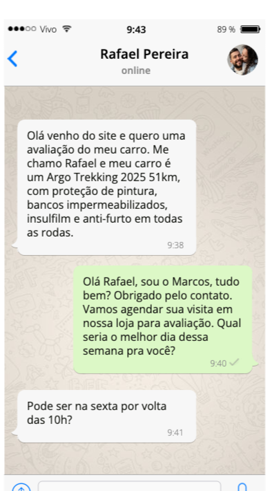 Conversa de WhatsApp com Rafael Pereira sobre avaliação do carro