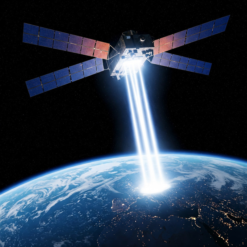 Diagram illustrating the process of space-based solar power, from sunlight collection in orbit to energy distribution on Earth.