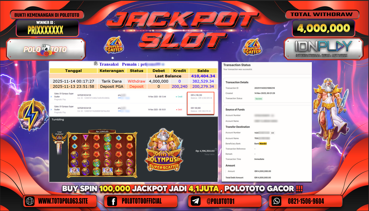 POLOTOTO JACKPOT SLOT GATES OF OLYMPUS SUPER SCATTER Rp.4.000.000,- LUNAS