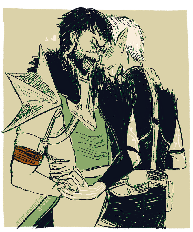 rough art of male Hawke and Fenris in an embrace.