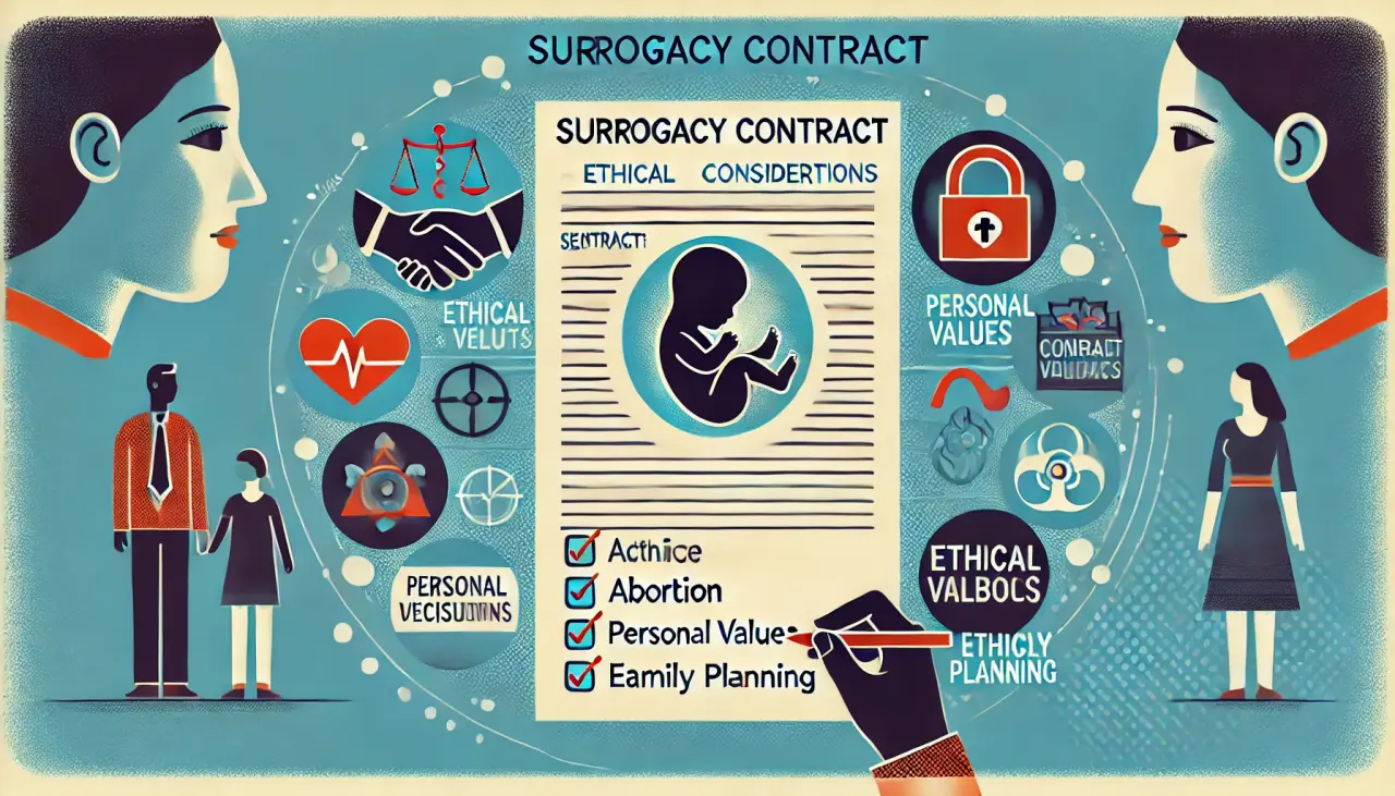 Image of a surrogacy contract highlighting ethical issues like abortion and personal values, with key clauses emphasized.