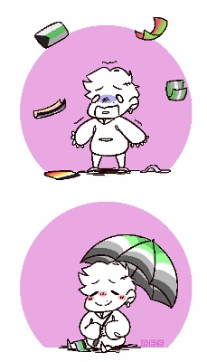 first image: a scared cartoon person is surrounded by falling microlabel pride flags . Second image: cartoon person is content under an umbrella coloured with the aromantic flag (dark green/lightgreen/white/grey/black stripes)