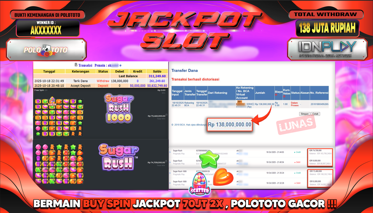 POLOTOTO JACKPOT SLOT SUGAR RUSH Rp.138.000.000,- LUNAS