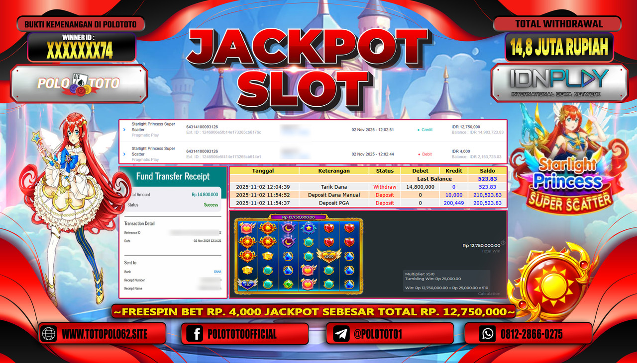 POLOTOTO JACKPOT SLOT STARLIGHT PRINCESS SUPER SCATTER Rp.24.000.000,- LUNAS
