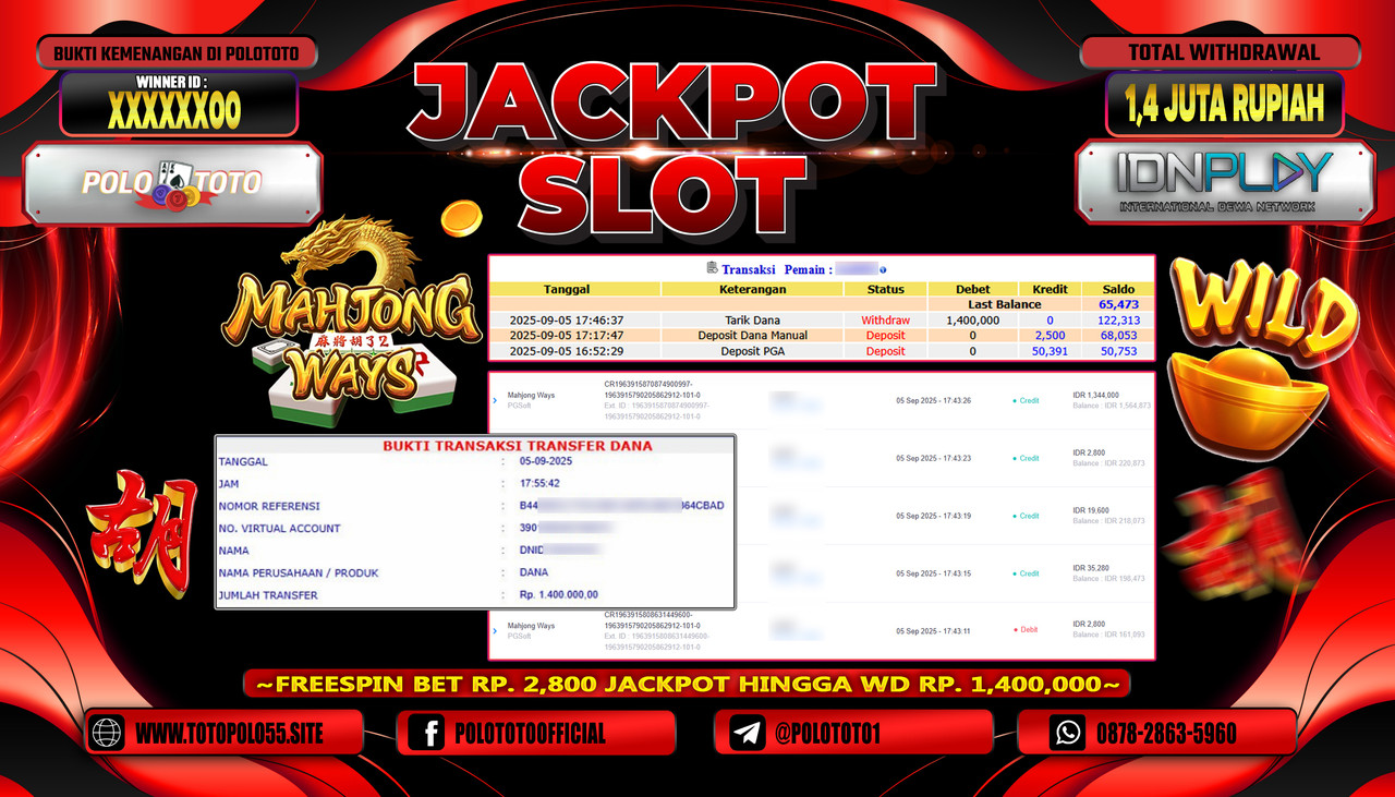 POLOTOTO JACKPOT SLOT MAHJONG WAYS Rp.1.400.000,- LUNAS