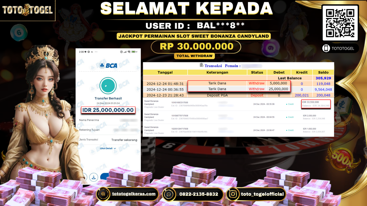 Bukti Pembayaran Jackpot  Permainan Slot Sweet Bonanza CandyLand: BAL***8** LUNAS
