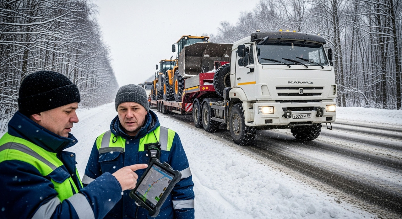 Колонна тралов с китайской спецтехникой на российской трассе, транспортировка негабаритных грузов, показывающая прочность и транспортную эффективность полуприцепов