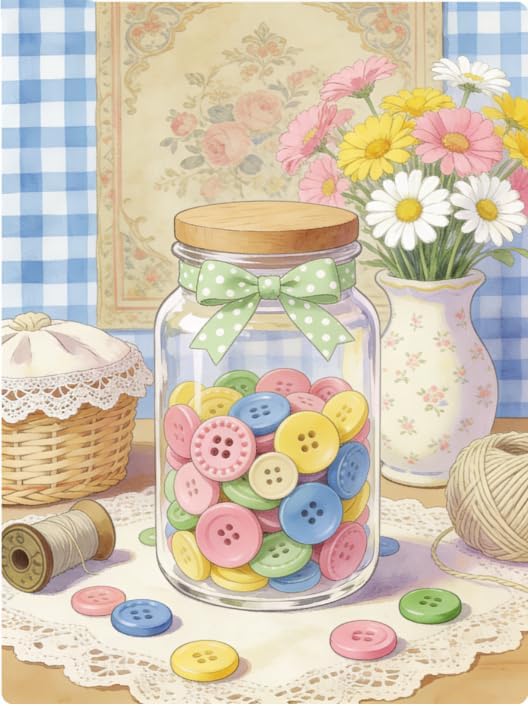 Vintage Sewing Room with Buttons Jar Jigsaw Puzzles Retro Artistic Pattern Design Perfect for Begi
