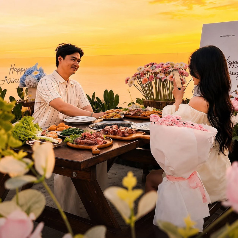 Cặp đôi hẹn hò lãng mạn ngắm hoàng hôn tại MAY Rooftop BBQ