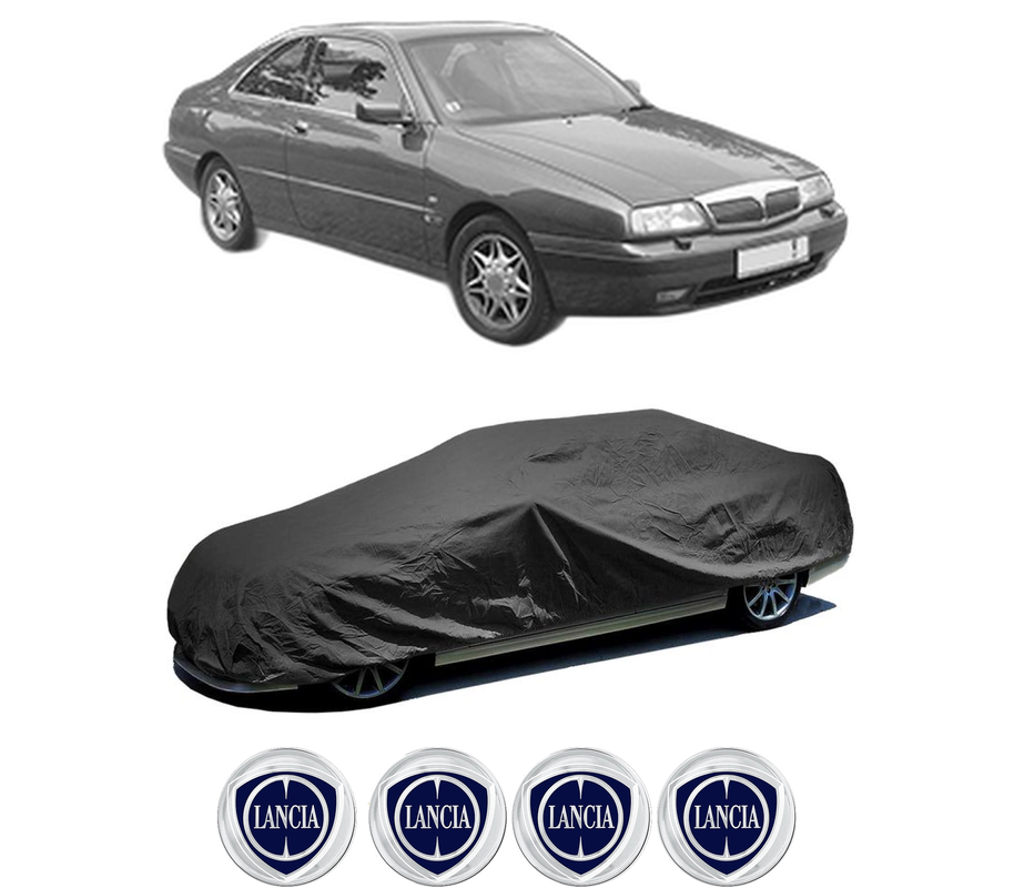 Husa tip prelata auto pentru LANCIA KAPPA Coupe (838_) din 1996-2001, Culoare Negru, material textil impermeabil, rezistanta la intemperii praf UV, CARPASSION Husa Protectie, 4 Stickere auto cu LANCIA